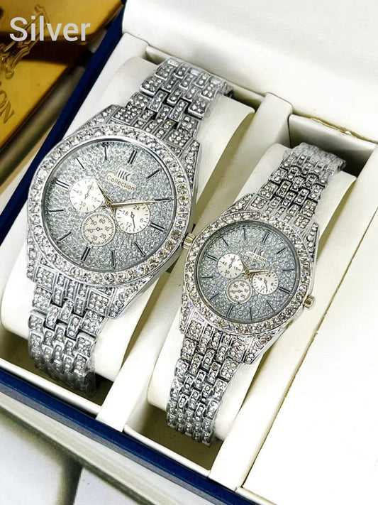 Golden Diamond Couple Watches Set – Luxury Stainless Steel His & Her Matching Watches Gift for Couples