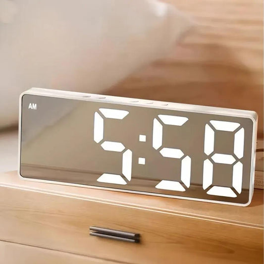 LED Mirror Digital Alarm Clock with Snooze – Modern Desktop Table Clock with LED Display