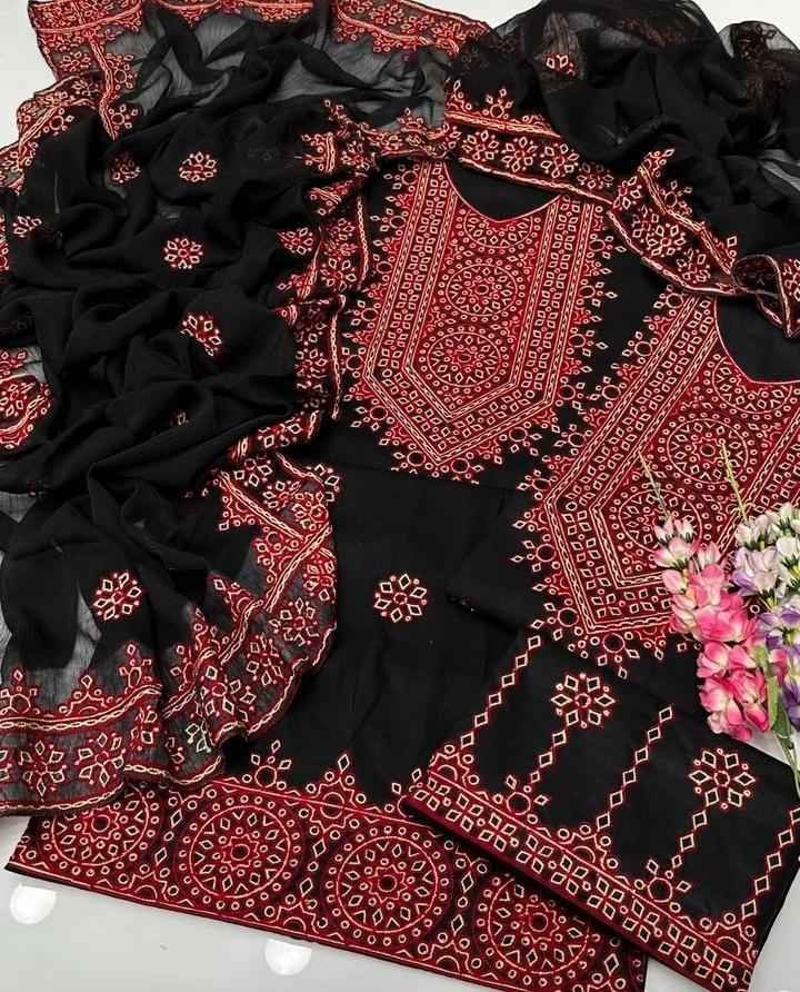 Black Red Embroidered 3 Piece Unstitched Cotton Suit For Women