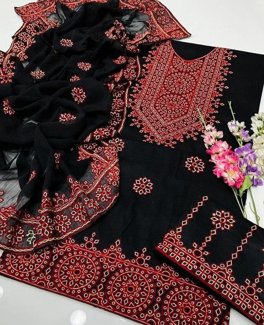 Black Red Embroidered 3 Piece Unstitched Cotton Suit For Women