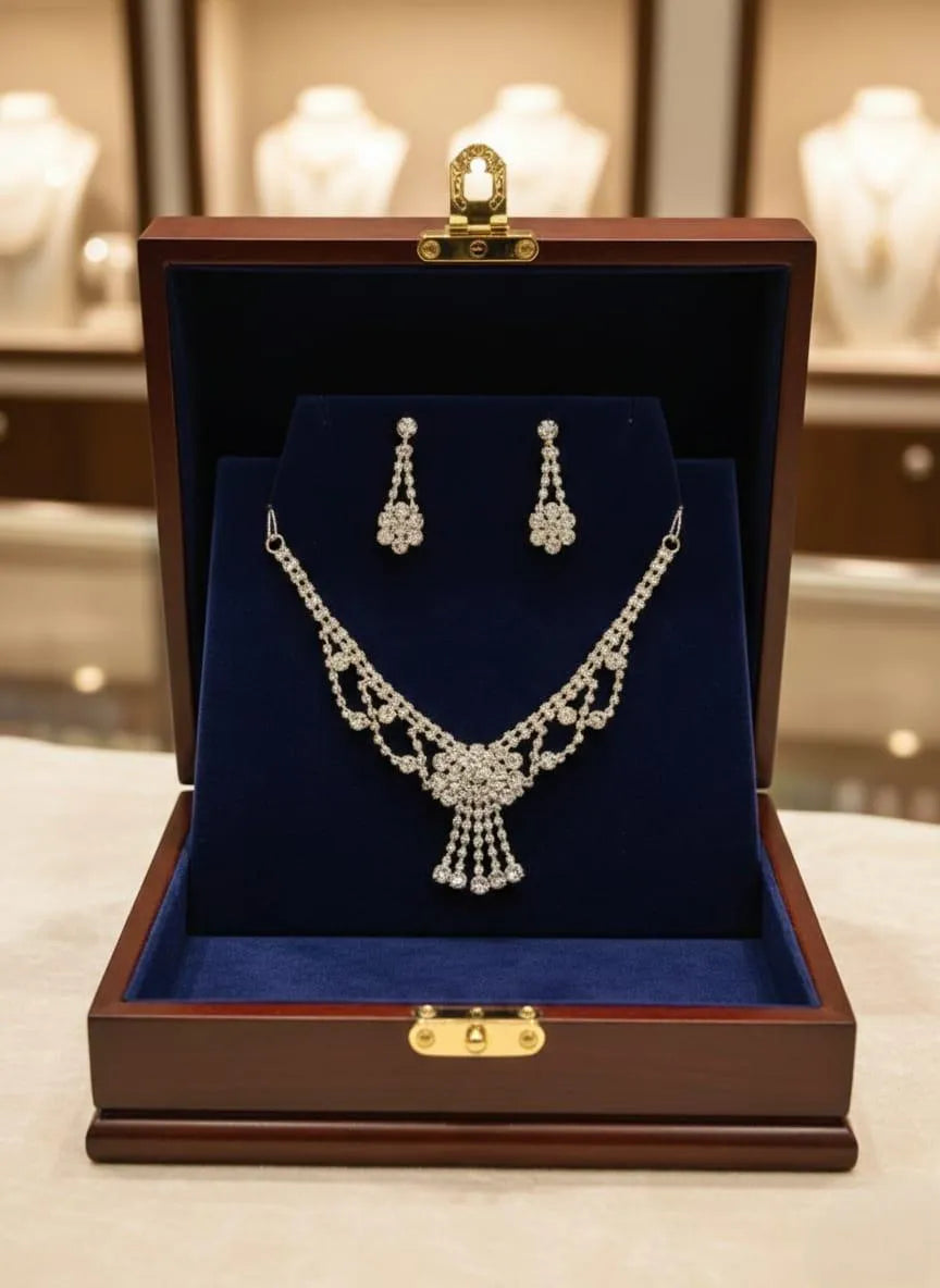 Modern Silver Plated Crystal Necklace Set for Women