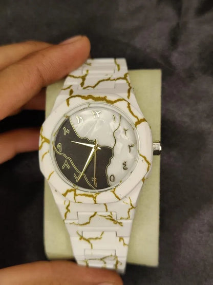 Buy Men’s Carbon Fiber White Marble Golden Arabic Aura Watch – Luxury Chronograph Wrist Watch with Free Box
