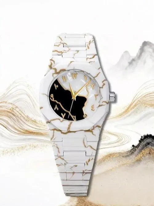 Buy Men’s Carbon Fiber White Marble Golden Arabic Aura Watch – Luxury Chronograph Wrist Watch with Free Box