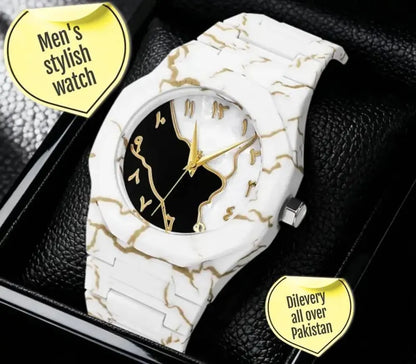 Buy Men’s Carbon Fiber White Marble Golden Arabic Aura Watch – Luxury Chronograph Wrist Watch with Free Box