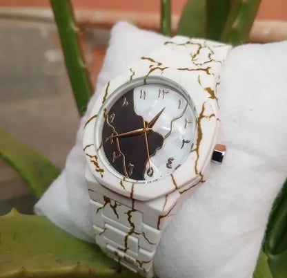Buy Men’s Carbon Fiber White Marble Golden Arabic Aura Watch – Luxury Chronograph Wrist Watch with Free Box
