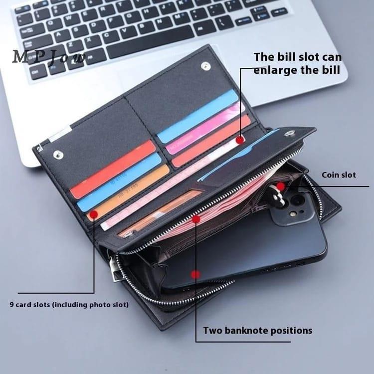 Premium Genuine Leather Long Wallet for Men & Women – 9 Card Slots, Phone & Coin Zipper Pocket (Unisex)