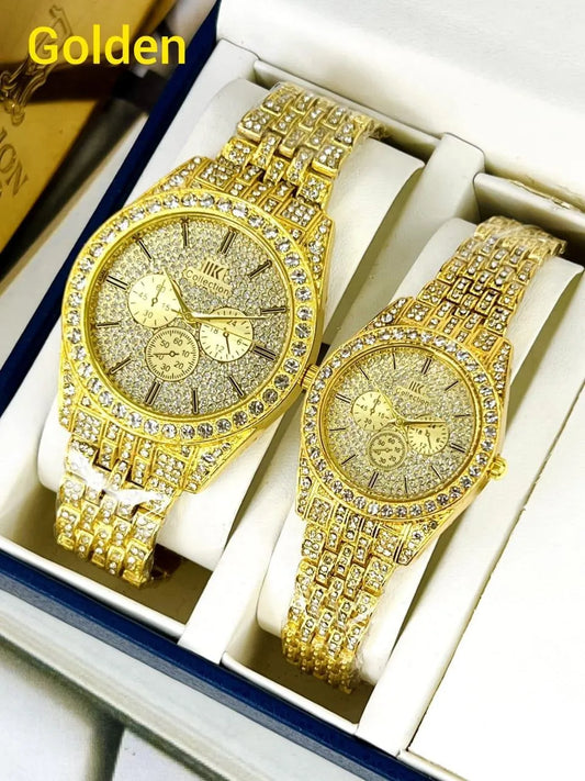 Golden Diamond Couple Watches Set – Luxury Stainless Steel His & Her Matching Watches Gift for Couples