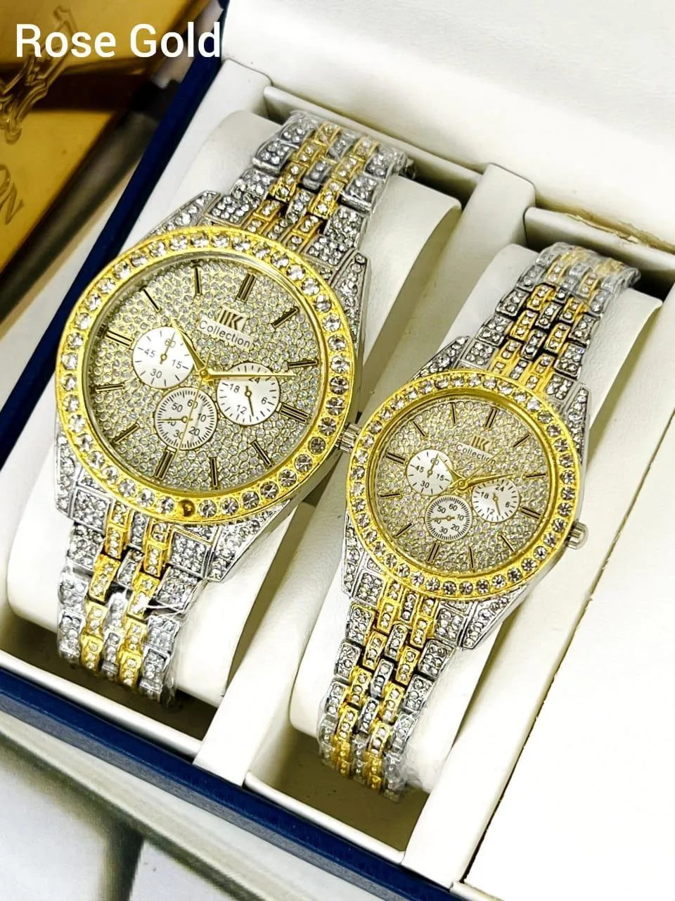 Golden Diamond Couple Watches Set – Luxury Stainless Steel His & Her Matching Watches Gift for Couples