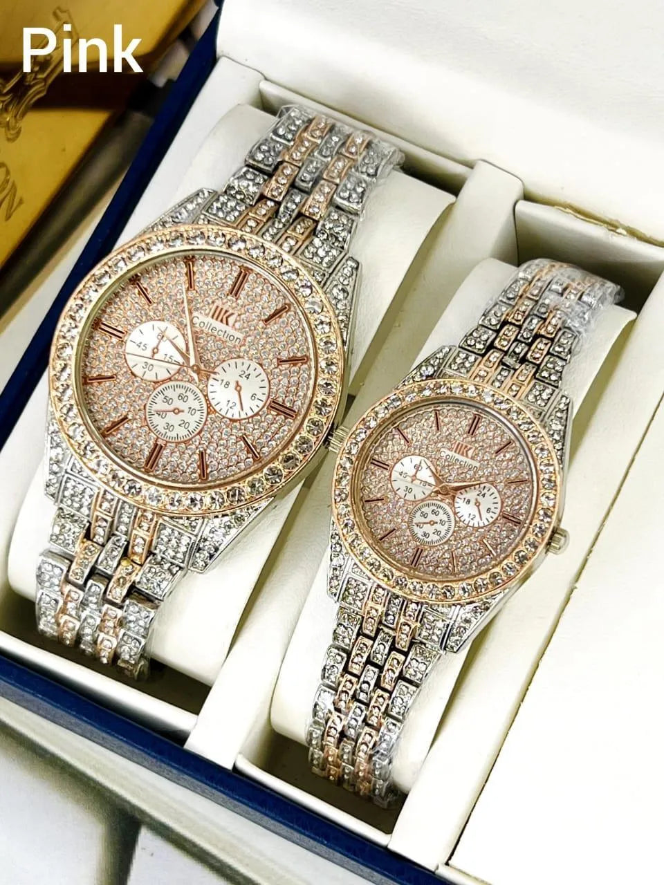 Golden Diamond Couple Watches Set – Luxury Stainless Steel His & Her Matching Watches Gift for Couples