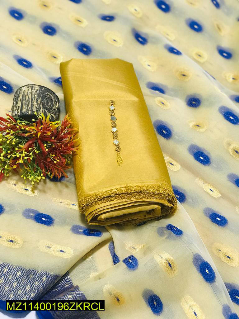 Women Unstitched Katan Silk 3PC Suit Golden Embroidered with Organza Dupatta