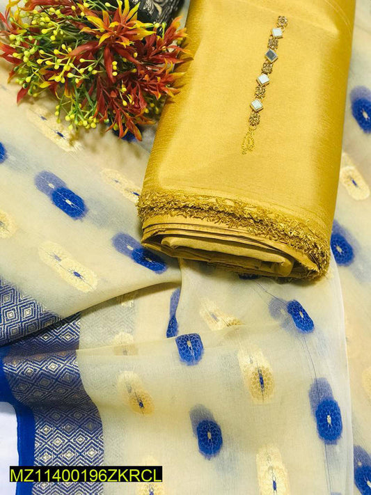 Women Unstitched Katan Silk 3PC Suit Golden Embroidered with Organza Dupatta
