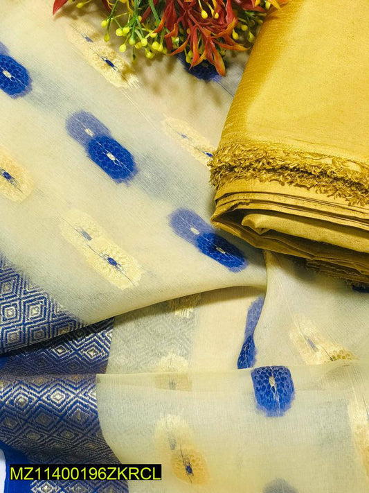 Women Unstitched Katan Silk 3PC Suit Golden Embroidered with Organza Dupatta