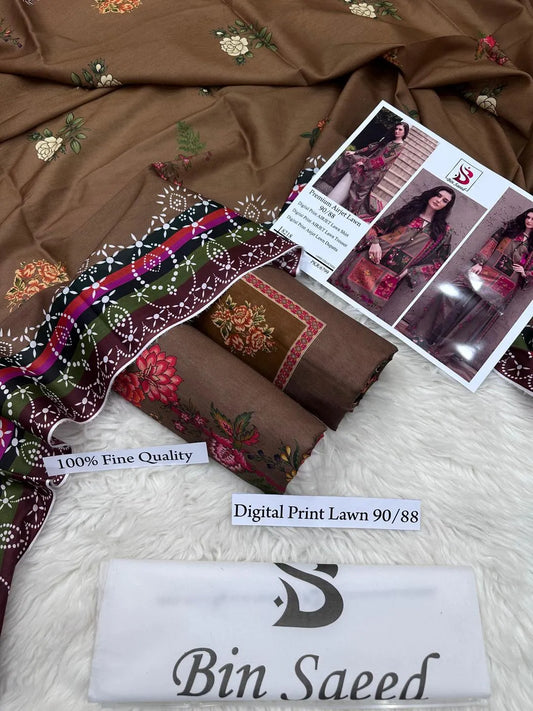 3 Pcs Women's Unstitched Printed Lawn Suit With Chiffon Dupatta