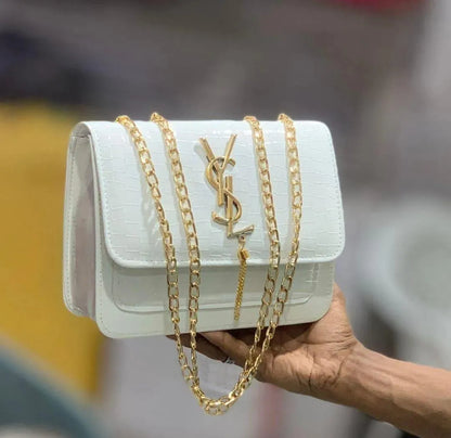 Luxury Croc Leather YSL Chain Crossbody Bag for Women – Stylish White Shoulder Handbag