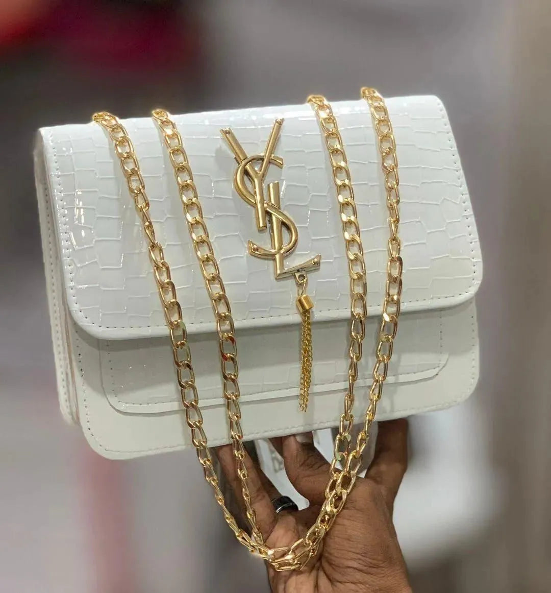 Luxury Croc Leather YSL Chain Crossbody Bag for Women – Stylish White Shoulder Handbag