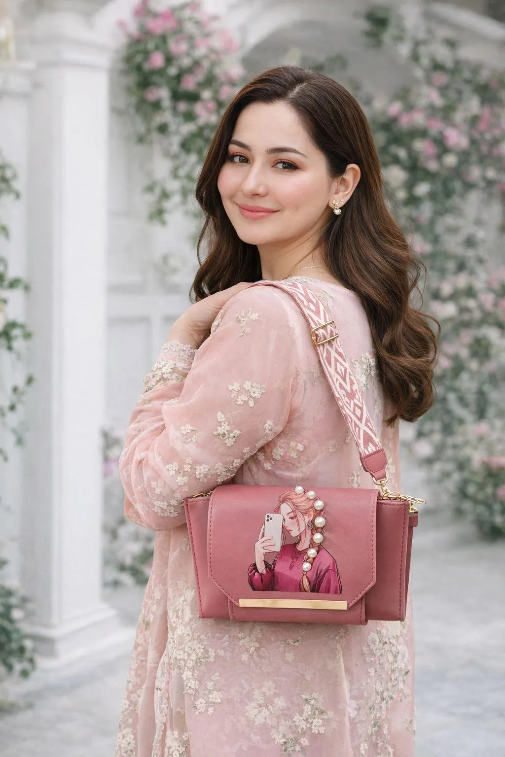 Pink Leather Crossbody Bag for Women – Stylish Pearl Print Strap Handbag for Girls