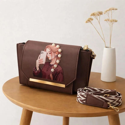 Pink Leather Crossbody Bag for Women – Stylish Pearl Print Strap Handbag for Girls