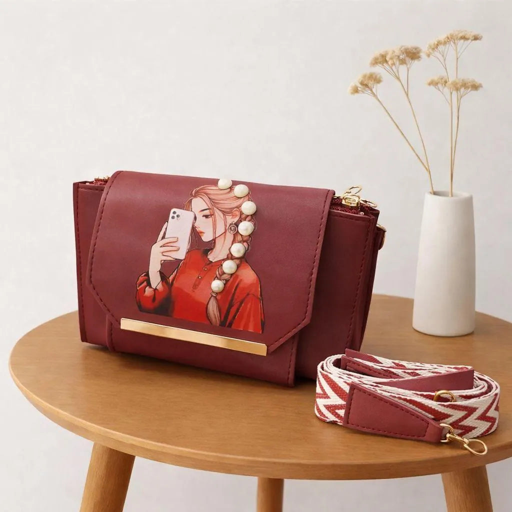 Pink Leather Crossbody Bag for Women – Stylish Pearl Print Strap Handbag for Girls