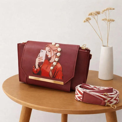 Pink Leather Crossbody Bag for Women – Stylish Pearl Print Strap Handbag for Girls