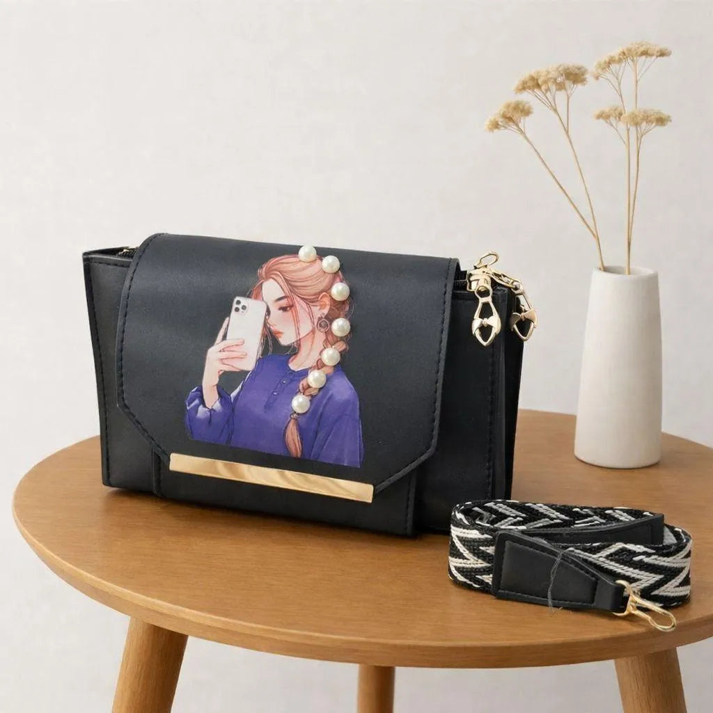 Pink Leather Crossbody Bag for Women – Stylish Pearl Print Strap Handbag for Girls