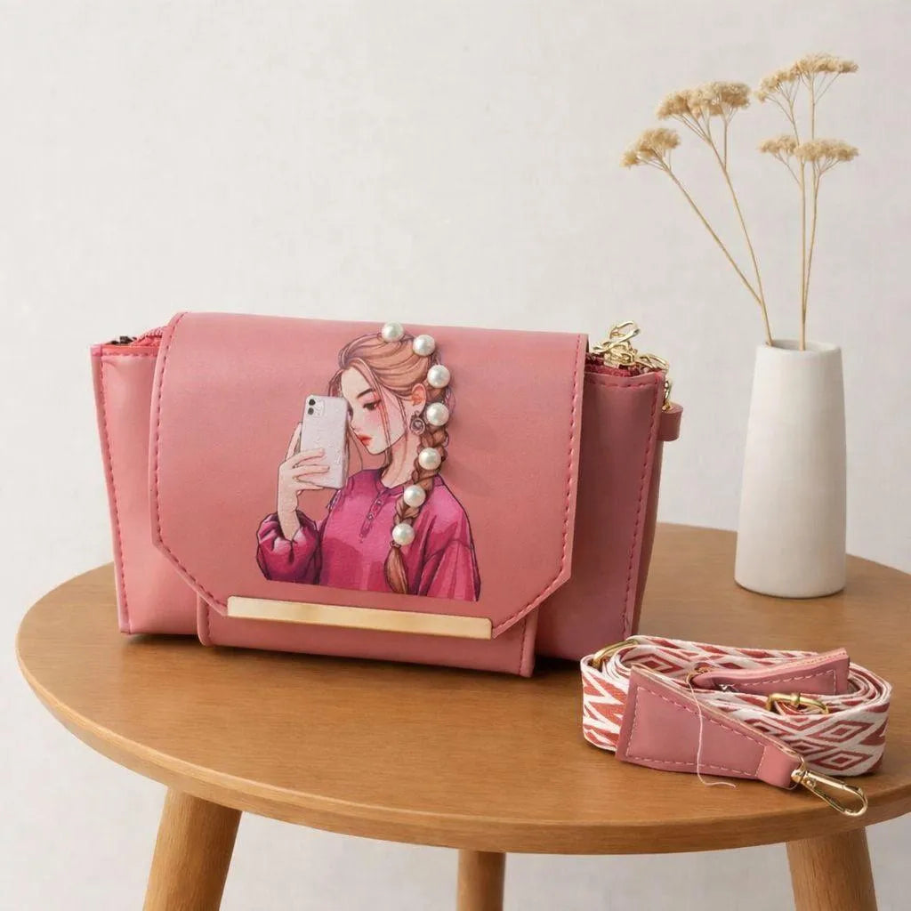 Pink Leather Crossbody Bag for Women – Stylish Pearl Print Strap Handbag for Girls