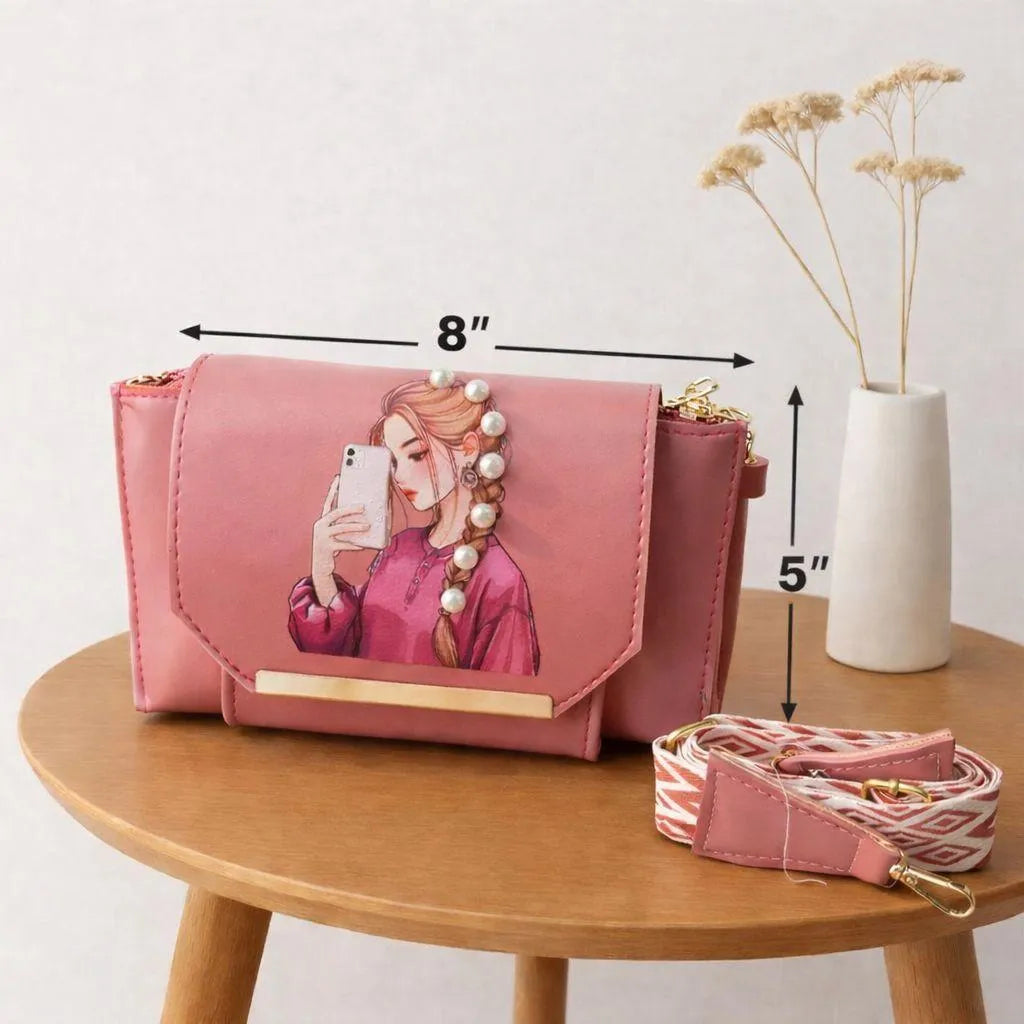 Pink Leather Crossbody Bag for Women – Stylish Pearl Print Strap Handbag for Girls