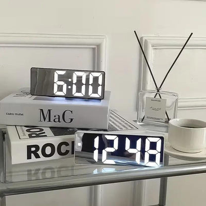 LED Mirror Digital Alarm Clock with Snooze – Modern Desktop Table Clock with LED Display