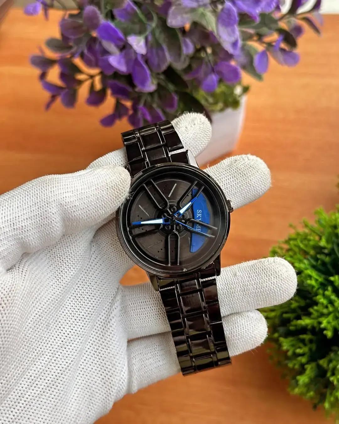 Luxury Stainless Steel Spinning Watch for Men – Blue Dial Black Strap Analogue Wrist Watch (Imported Quality)