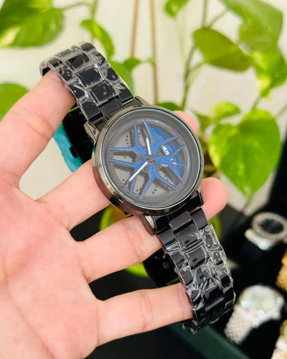 Luxury Stainless Steel Spinning Watch for Men – Blue Dial Black Strap Analogue Wrist Watch (Imported Quality)