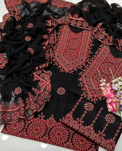Black Red Embroidered 3 Piece Unstitched Cotton Suit For Women