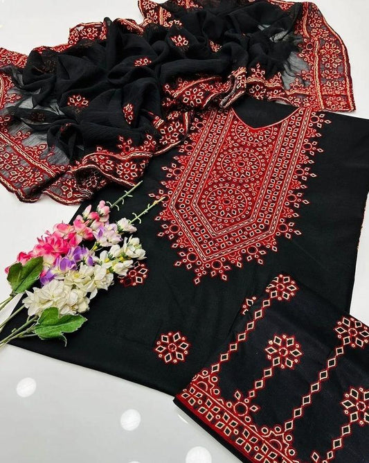 Black Red Embroidered 3 Piece Unstitched Cotton Suit For Women