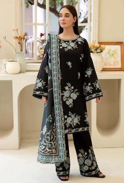 3 Pcs Women's Unstitched Black Embroidered Cotton Lawn Suit With Chiffon Dupatta