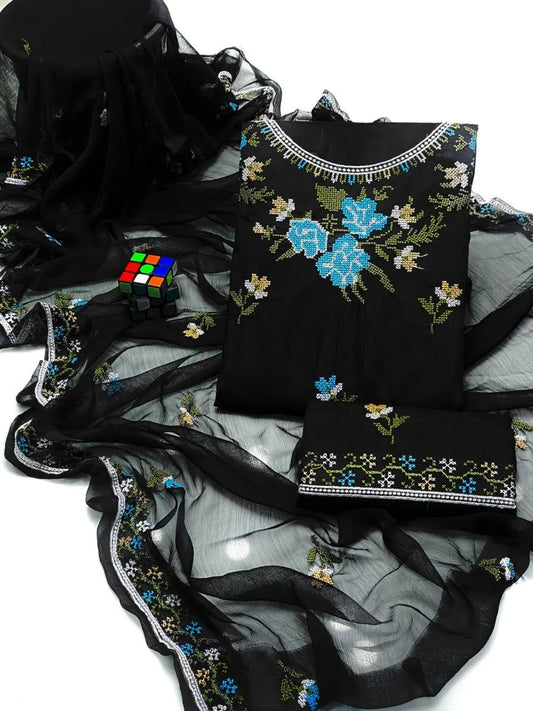 3 Pcs Women's Unstitched Black Embroidered Cotton Lawn Suit With Chiffon Dupatta